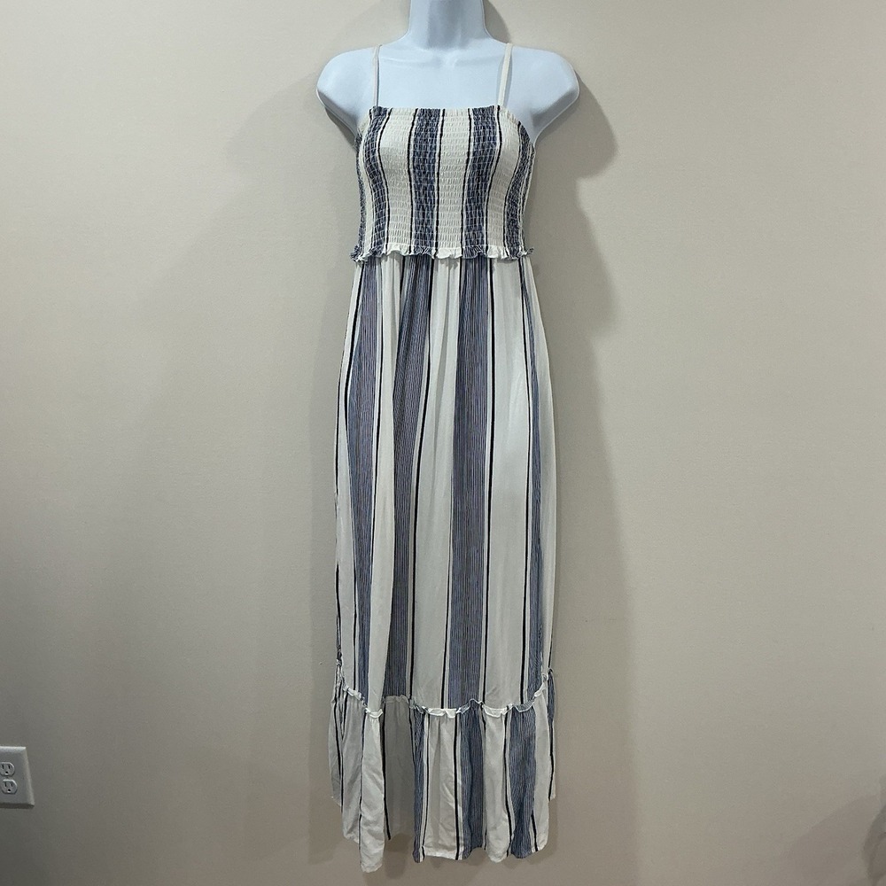 Womens Maxi Sundress Sz S Blue Striped Smocked Beach Resort Preppy Coastal